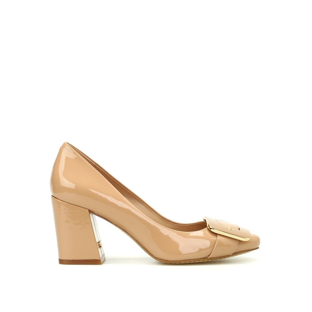 Tory Burch Maria Patent Leather Pumps Nude Beige Block Heel Gold Buckle Sz 6.5 C